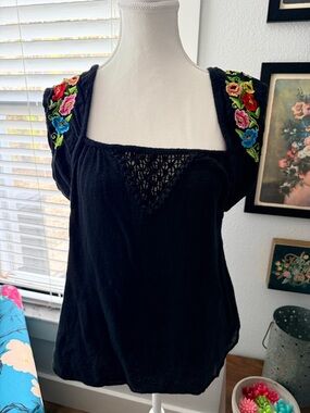 Jen’s Pirate Booty Black Embroidered Square Neck Top